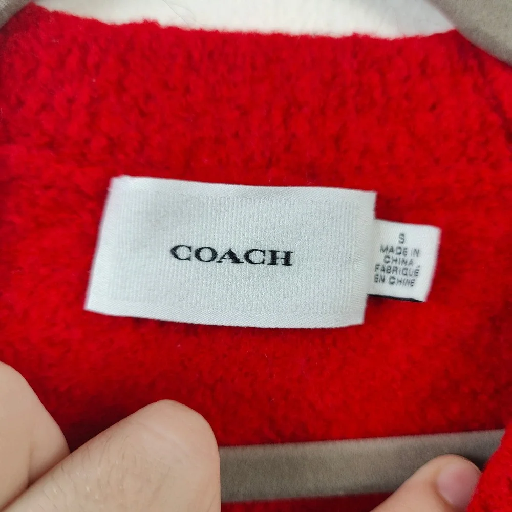 Coach Womens Sweater Small Red Crew Neck Wool Blend Embroidered Logo Preppy